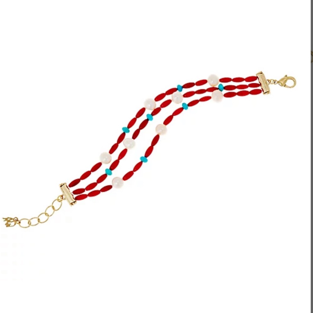 Last One!SALE American West Red Coral White Pearl & Blue Turquoise Bracelet USA